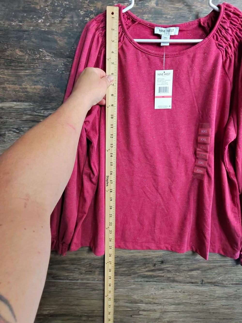 Nine West Raspberry Long-Sleeve Ruffle Shoulder Top - Picture 2 of 8